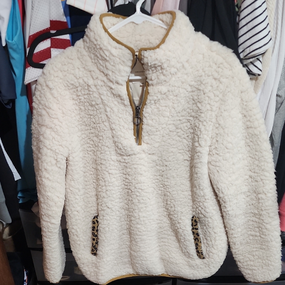 Thread & Supply Cream Sherpa Quarter‑Zip Pullover with Tan Trim